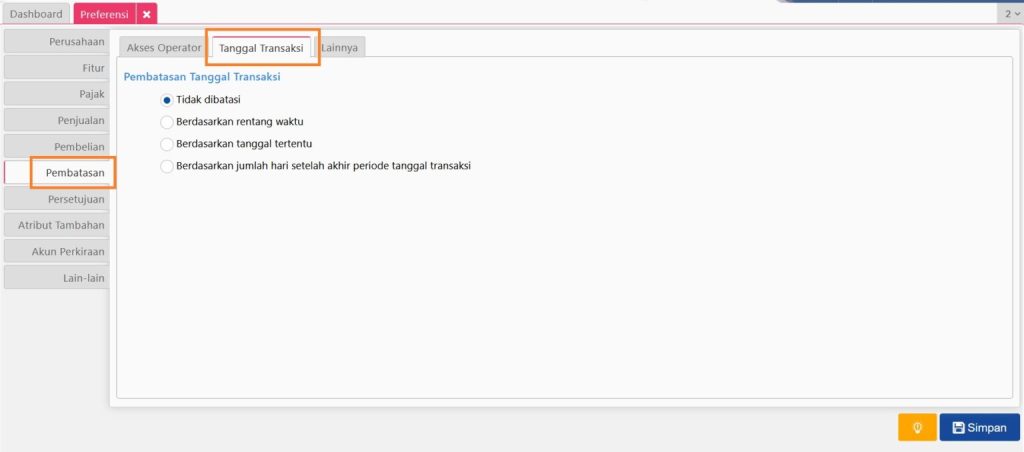 Preferensi Pembatasan tanggal Transaksi