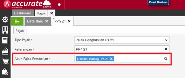 Pengisian akun Pajak Pembelian PPh 21