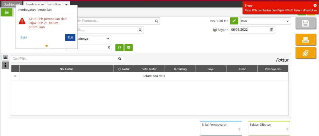 Pesan Error Saat Simpan Transaksi Pembayaran Pembelian