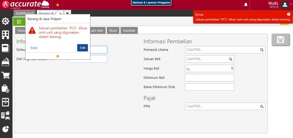 Tampil Pesan Error Saat Menghapus kemudian simpan Barang-nya - Error Satuan Pembelian