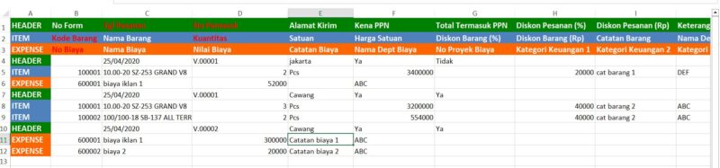 Tampilan Format File Impor Transaksi Pesanan Pembelian