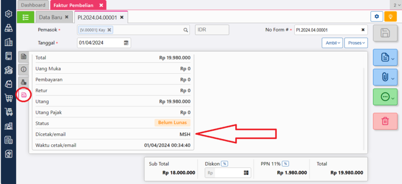 Informasi pengguna yang melakukan cetak/email transaksi faktur pembelian