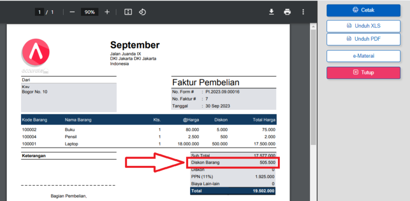 Desain Cetakan Faktur Pembelian dengan Diskon Barang