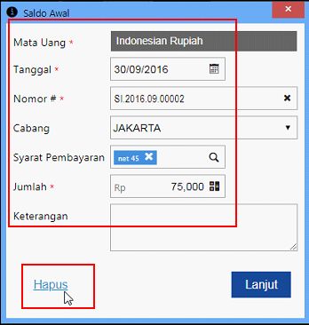 Tampilan Transaksi Saldo Awal Piutang yang bisa dihapus/diubah - Menghapus Faktur Pembelian