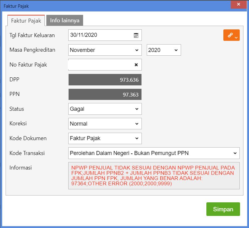 Error Pada Saat Unggah Faktur Pembelian - PPN Pembelian Tidak Sama