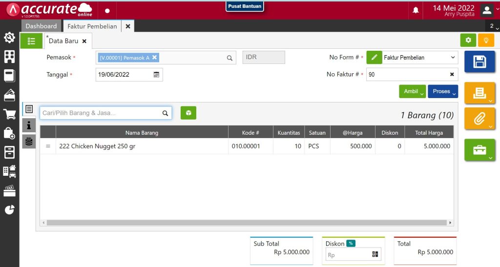 Membuat transaksi Faktur Pembelian