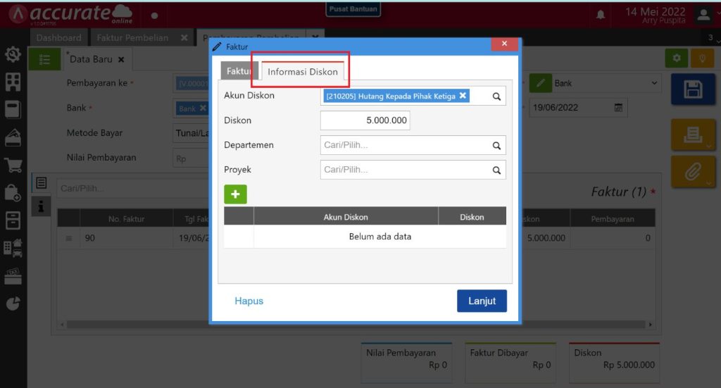 Informasi diskon di Pembayaran Pembelian