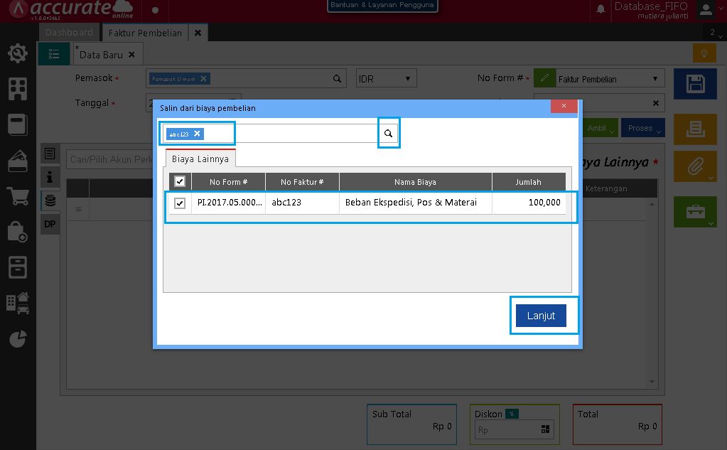 Memilih Nomor Faktur Pembelian Barang dengan Biaya Tambahan
