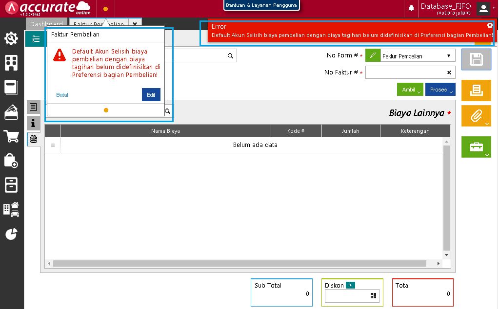 Error saat menyimpan Faktur Pembelian untuk Biaya Tambahan