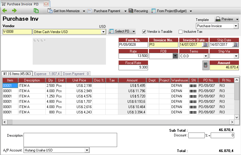 Informasi Detail PI pada bagian Expense (beban)