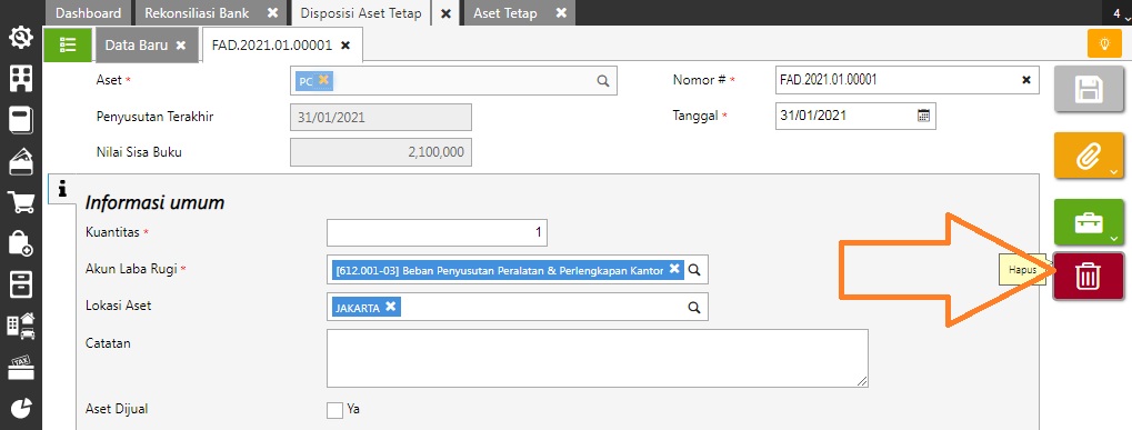 Klik icon ‘Hapus’ untuk membatalkan dipsosisi aset tetap