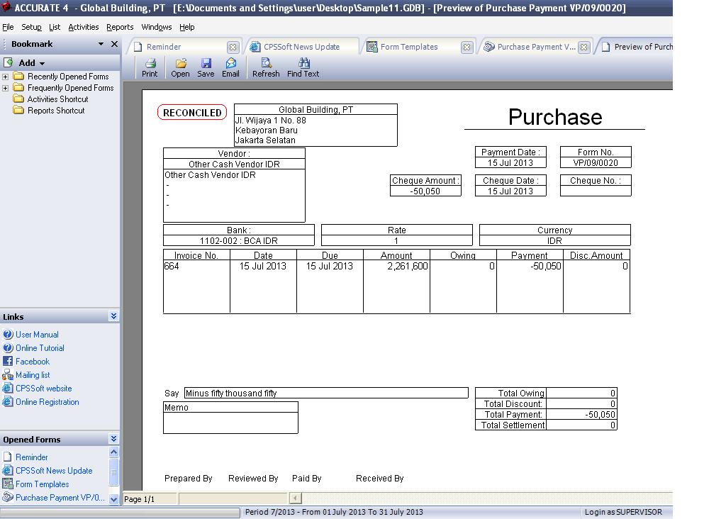 Menampilkan Keterangan “Reconciled” di Template Vendor Payment - Accurate 5