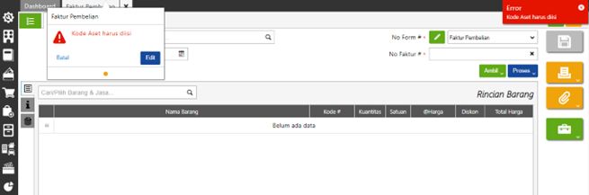 Pesan Error saat menyimpan transaksi Faktur Pembelian Aset Tetap