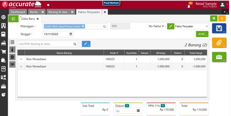 Tampilan transaksi Faktur Penjualan untuk menginput Saldo Awal PPN Keluaran