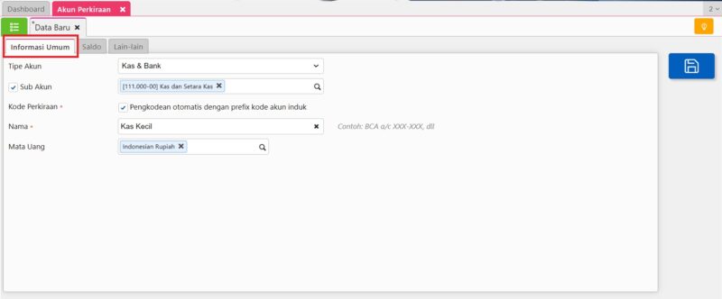 Membuat Akun Perkiraan pada Tab Informasi Umum