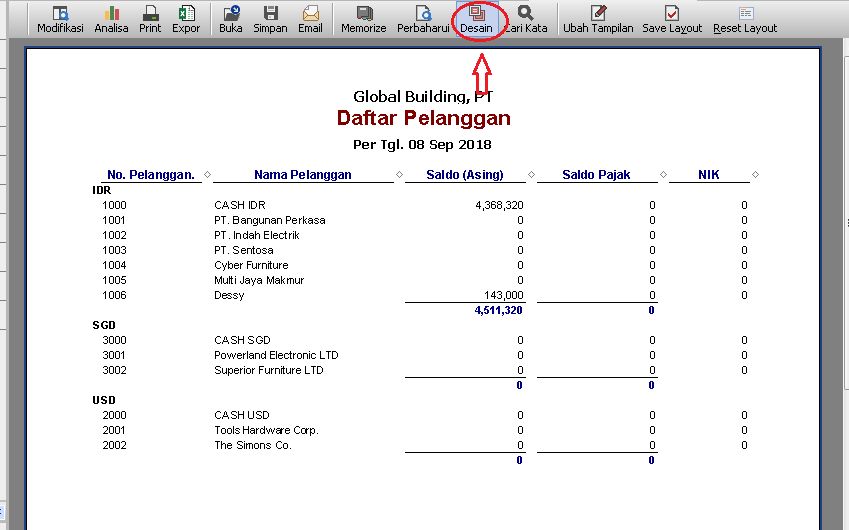 Membuka Desain pada Laporan Daftar Pelanggan