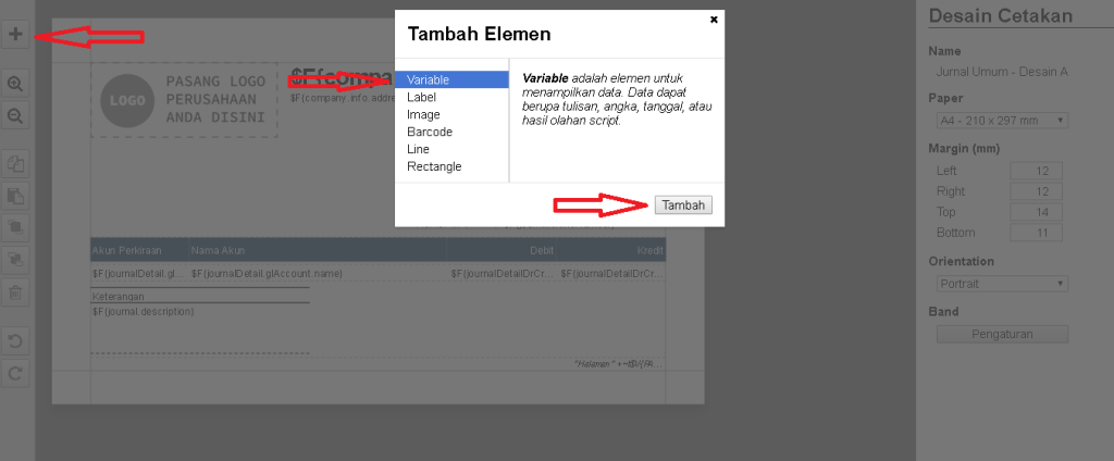 Menambahkan Tabel Variable untuk Total Debit/Credit - Menampilkan Total Nilai Debit & Credit Pada Desain Cetakan Jurnal Umum