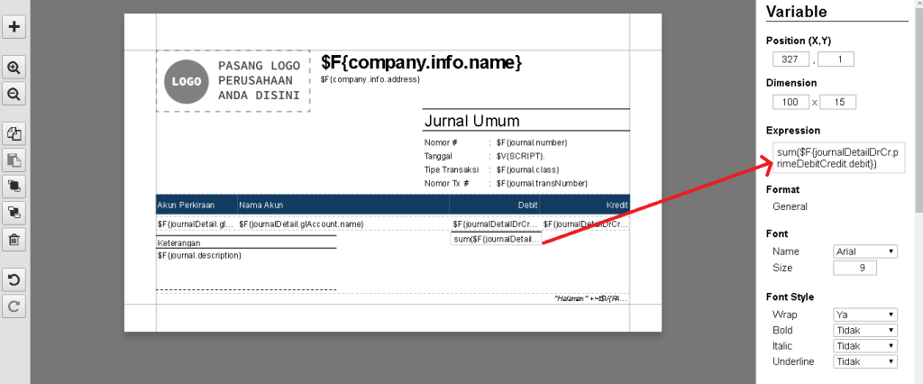 Memberikan Rumus Skrip untuk Total Debit - Menampilkan Total Nilai Debit & Credit Pada Desain Cetakan Jurnal Umum