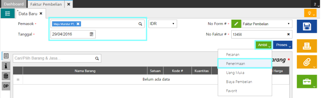 Membuat Faktur Pembelian Berasal Dari Penerimaan Barang
