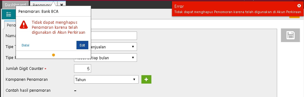 Error saat penghapusan Penomoran Transaksi pada Bukti Nomor Kas/Bank