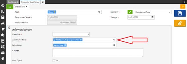 Memilih akun penampung laba/rugi disposisi - Aset Tetap Sebagai Persediaan