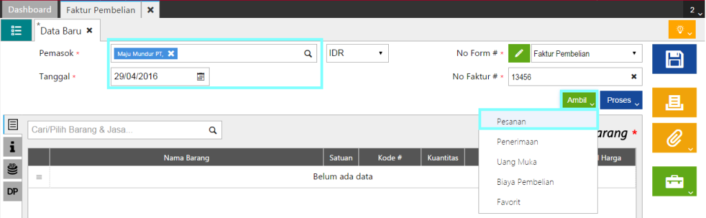 Membuat Faktur Pembelian Berasal Dari Pesanan