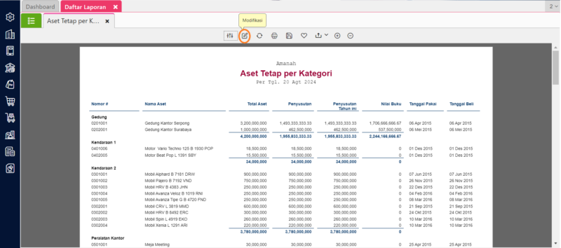 Akses menu Modifikasi Laporan Aset Tetap per Kategori - Menampilkan Tanggal Estimasi Berakhirnya Masa Manfaat Aset Tetap Pada