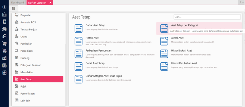 Akses Laporan Aset Tetap Per Kategori - Menampilkan Tanggal Estimasi Berakhirnya Masa Manfaat Aset Tetap