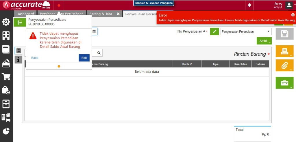 Error “Tidak Dapat Menghapus Penyesuaian Persediaan Karena Telah Digunakan di Detail Saldo Awal Barang” Saat Akan Menghapus Transaksi Penyesuaian Persediaan