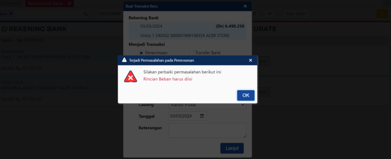 Error saat membuat transaksi di Rekonsiliasi Bank